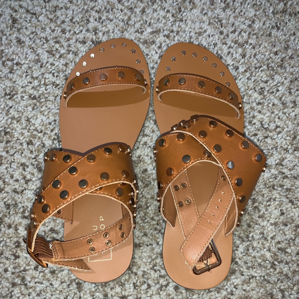 Women’s tan studded faux leather sandal